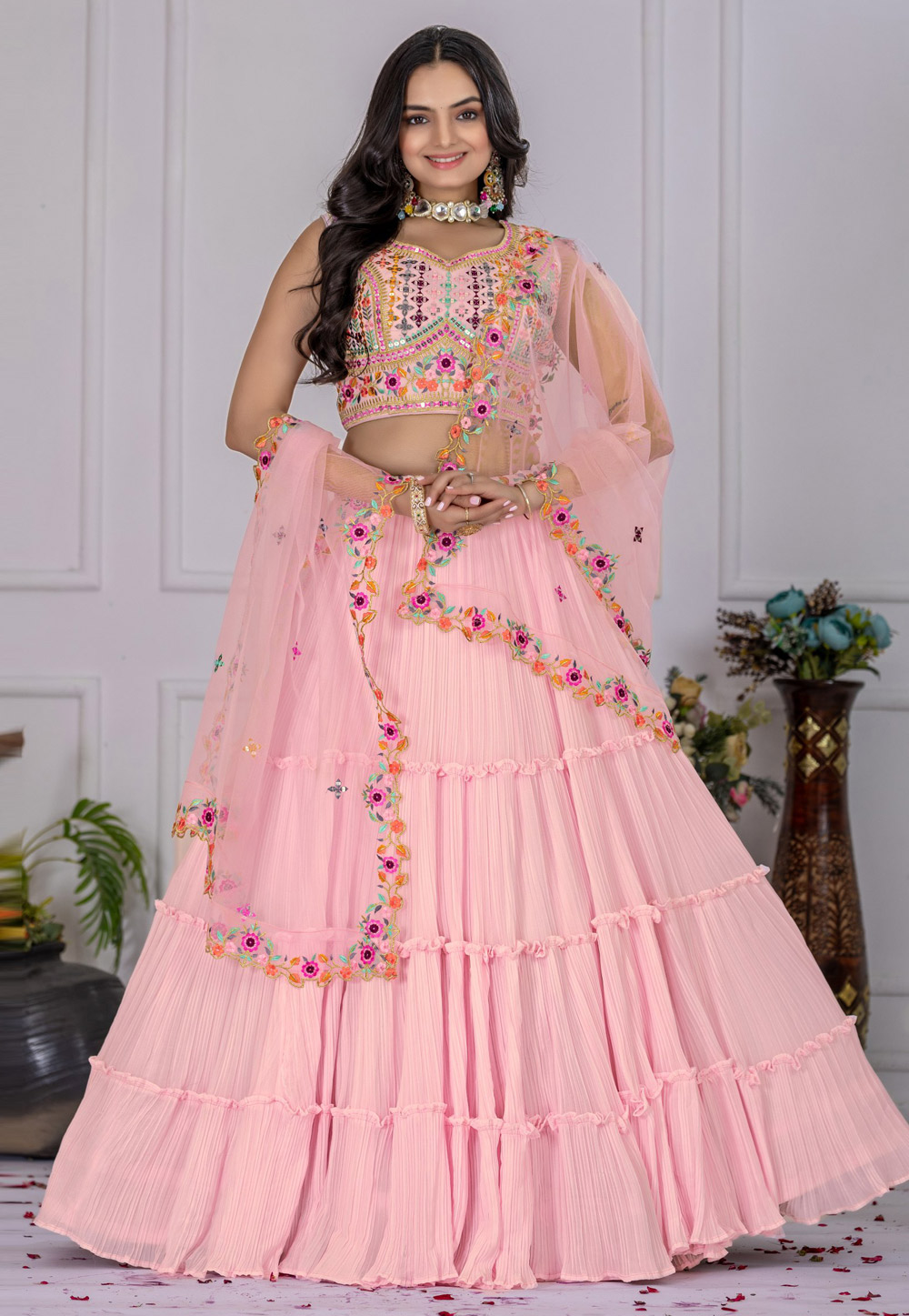 Pink Faux Georgette Circular Lehenga Choli 312131