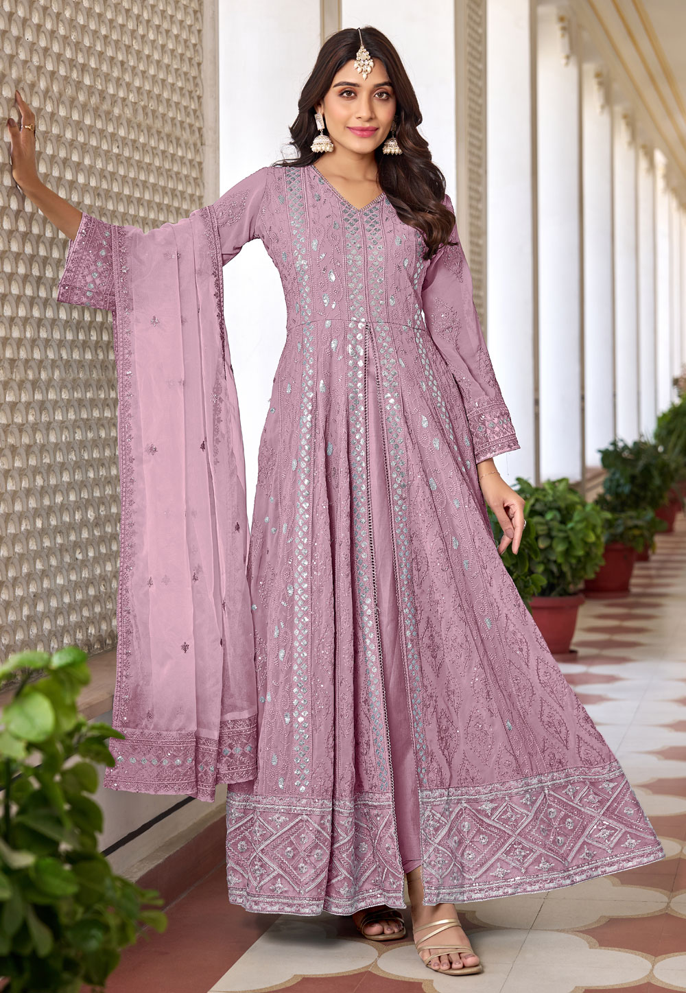 Pink Faux Georgette Embroidered Center Slit Anarkali Suit 279309