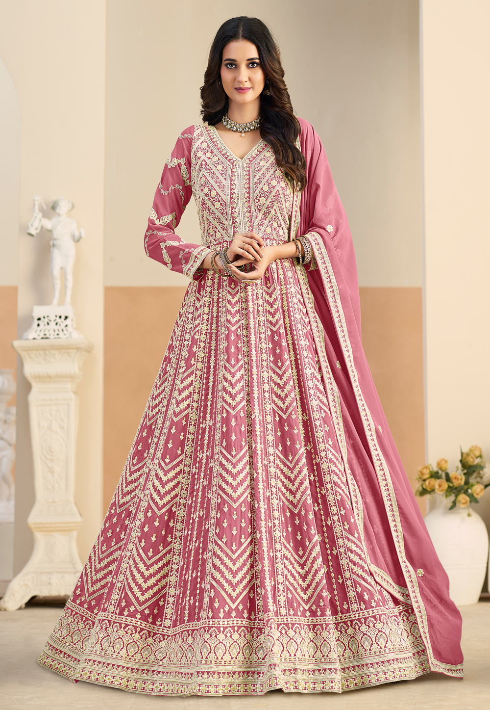 Pink Faux Georgette Embroidered Long Anarkali Suit 325089
