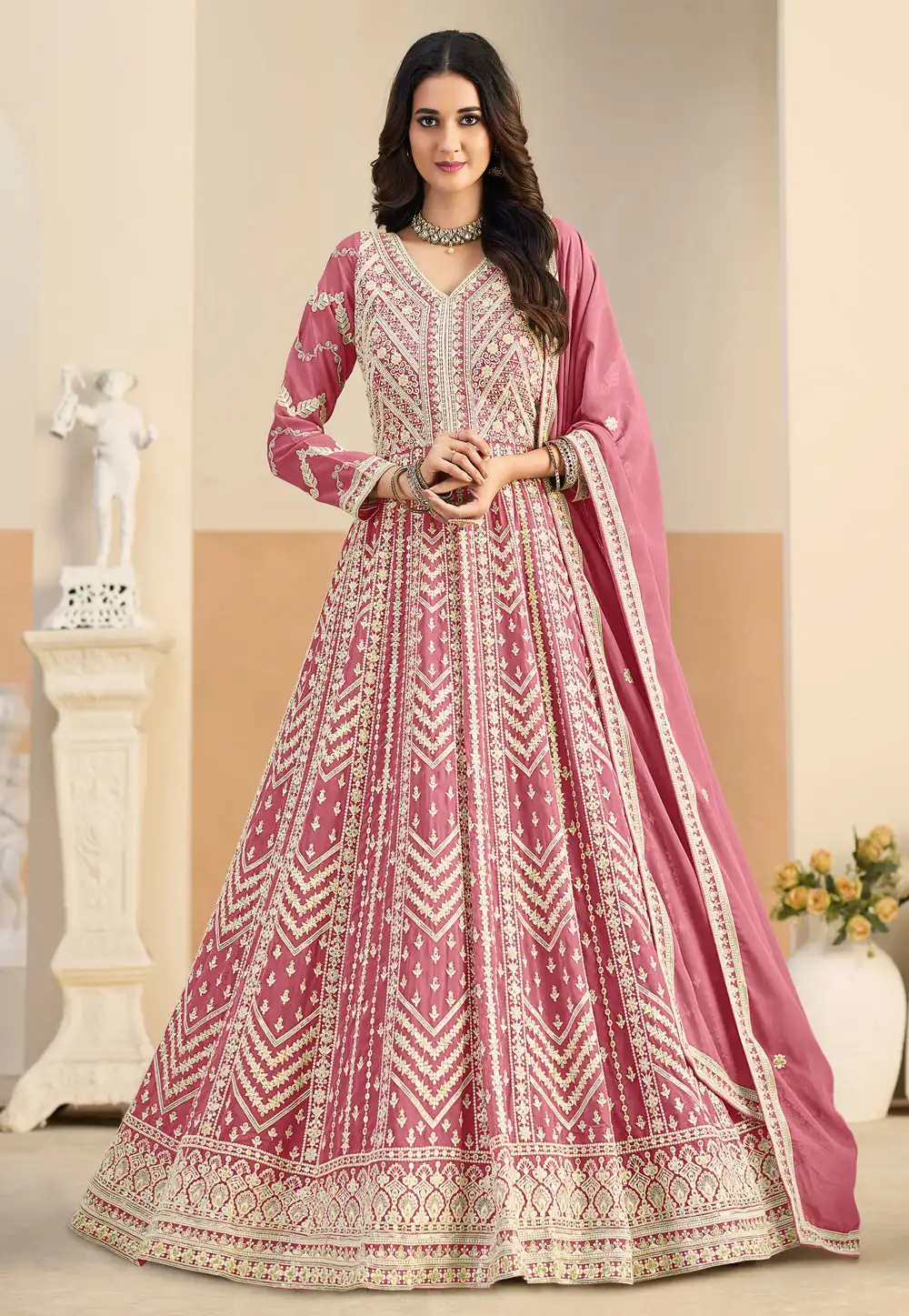 Pink Faux Georgette Embroidered Long Anarkali Suit 325089