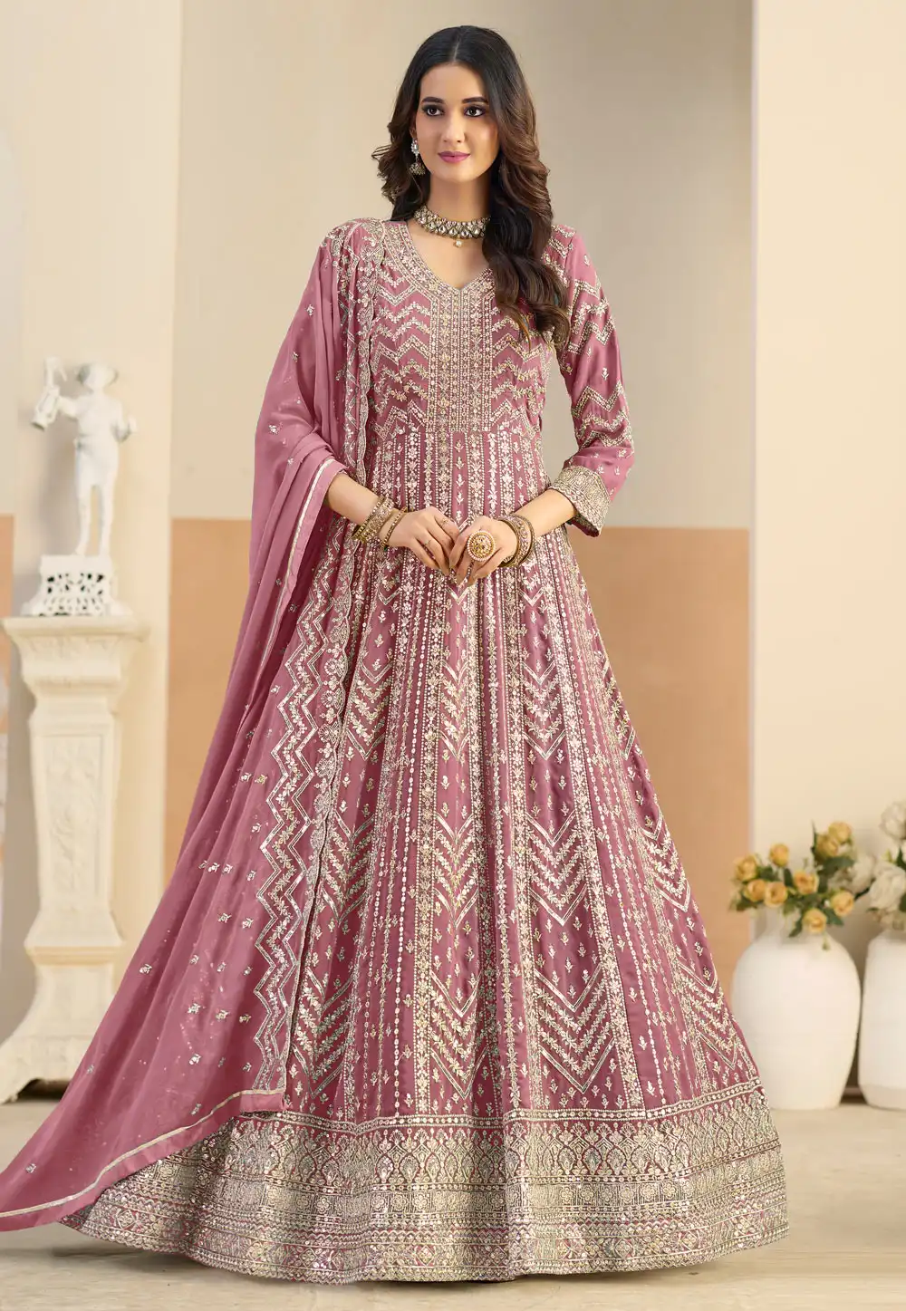 Pink Faux Georgette Embroidered Long Anarkali Suit 325576