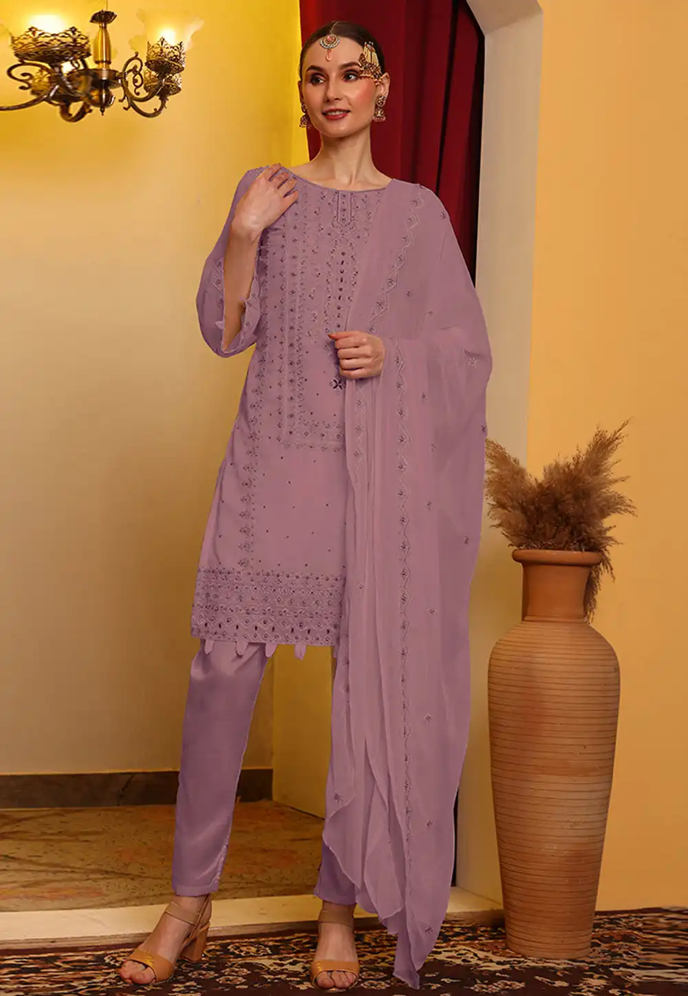 Pink Faux Georgette Embroidered Pakistani Suit 319937