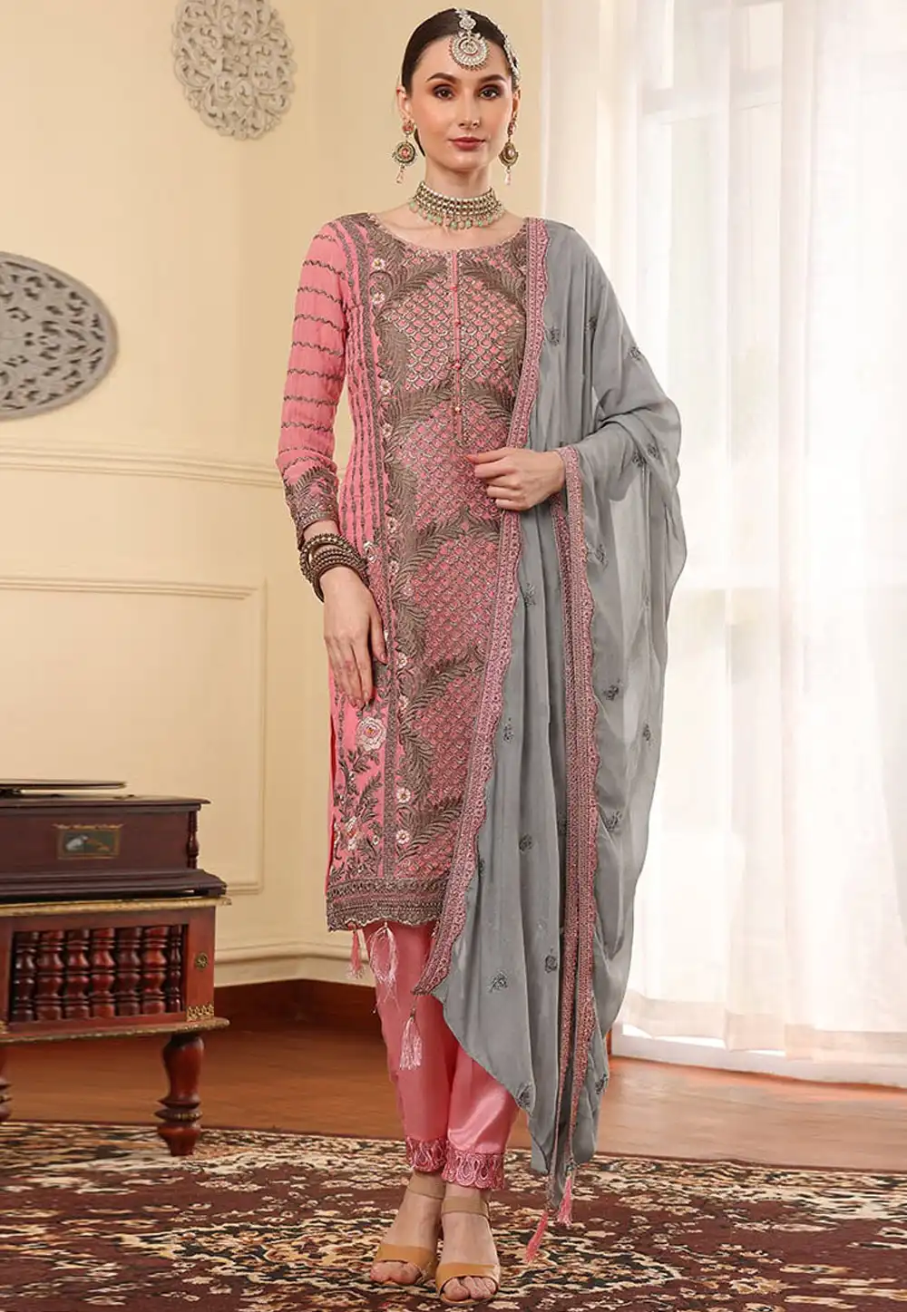 Pink Faux Georgette Embroidered Pant Style Suit 319930