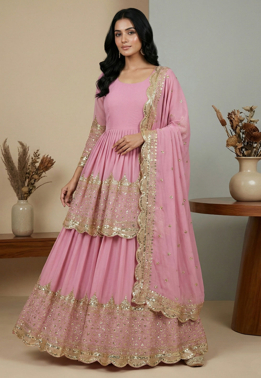Pink Faux Georgette Long Choli Lehenga 324158