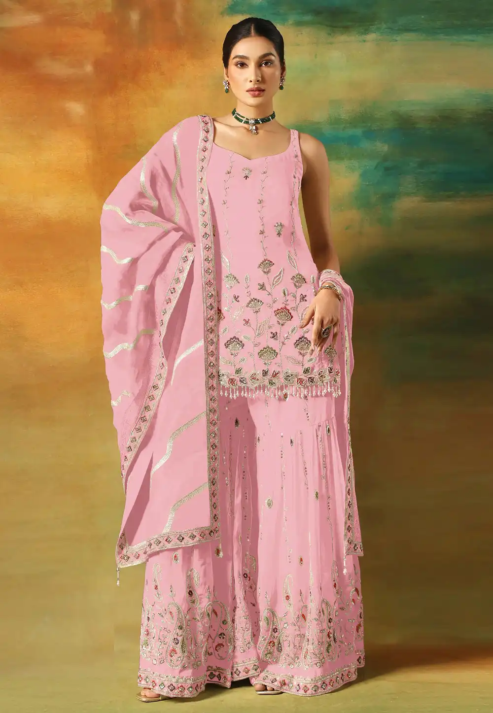 Pink Faux Georgette Sharara Suit 315456