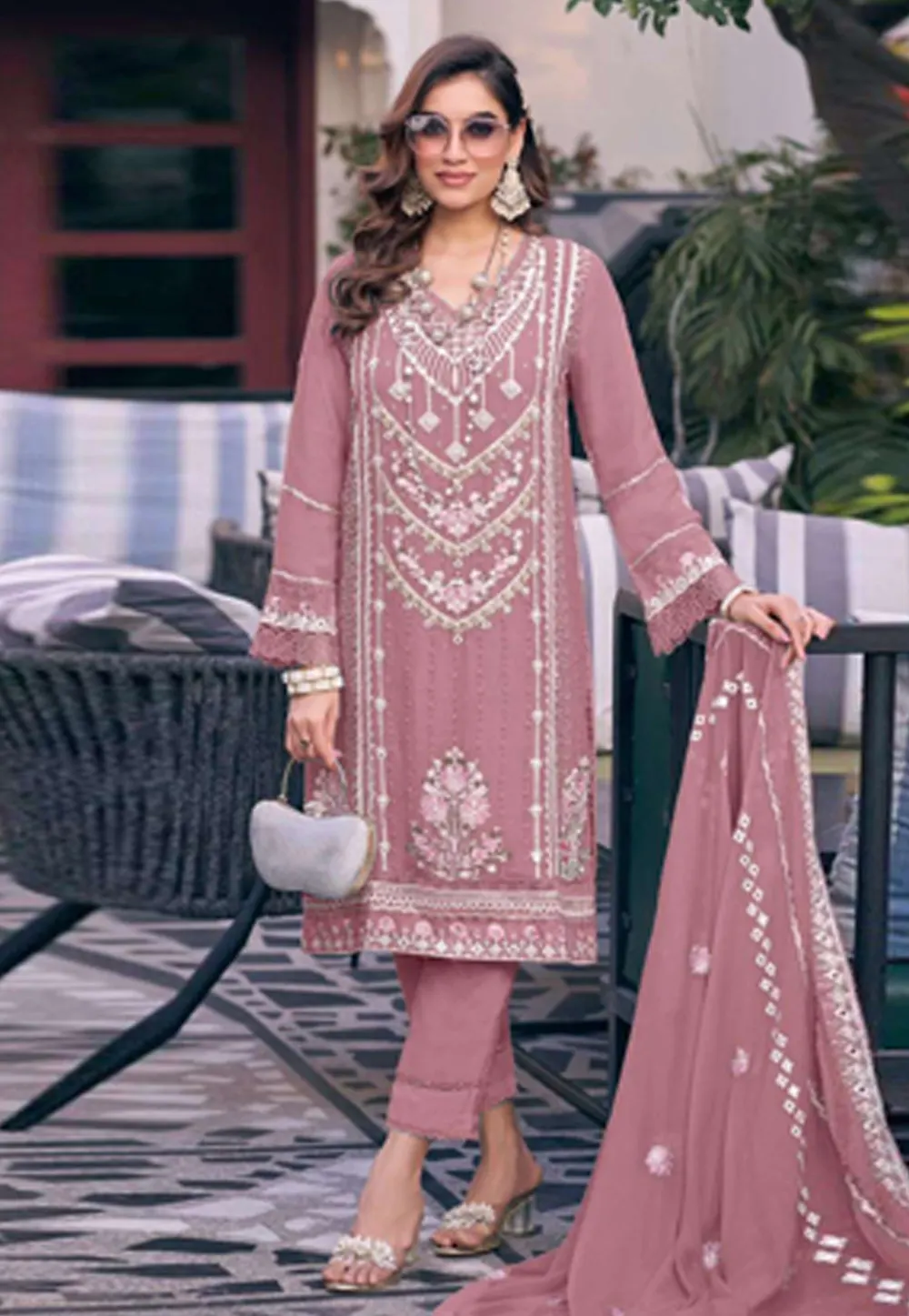 Pink Faux Georgette Pant Style Suit 292025