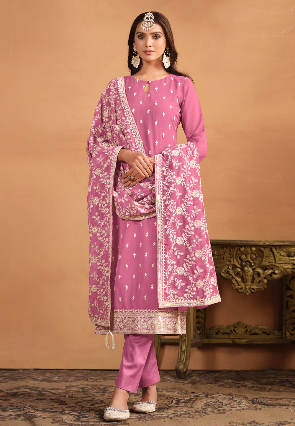 Pink Faux Georgette Pant Style Suit 284569