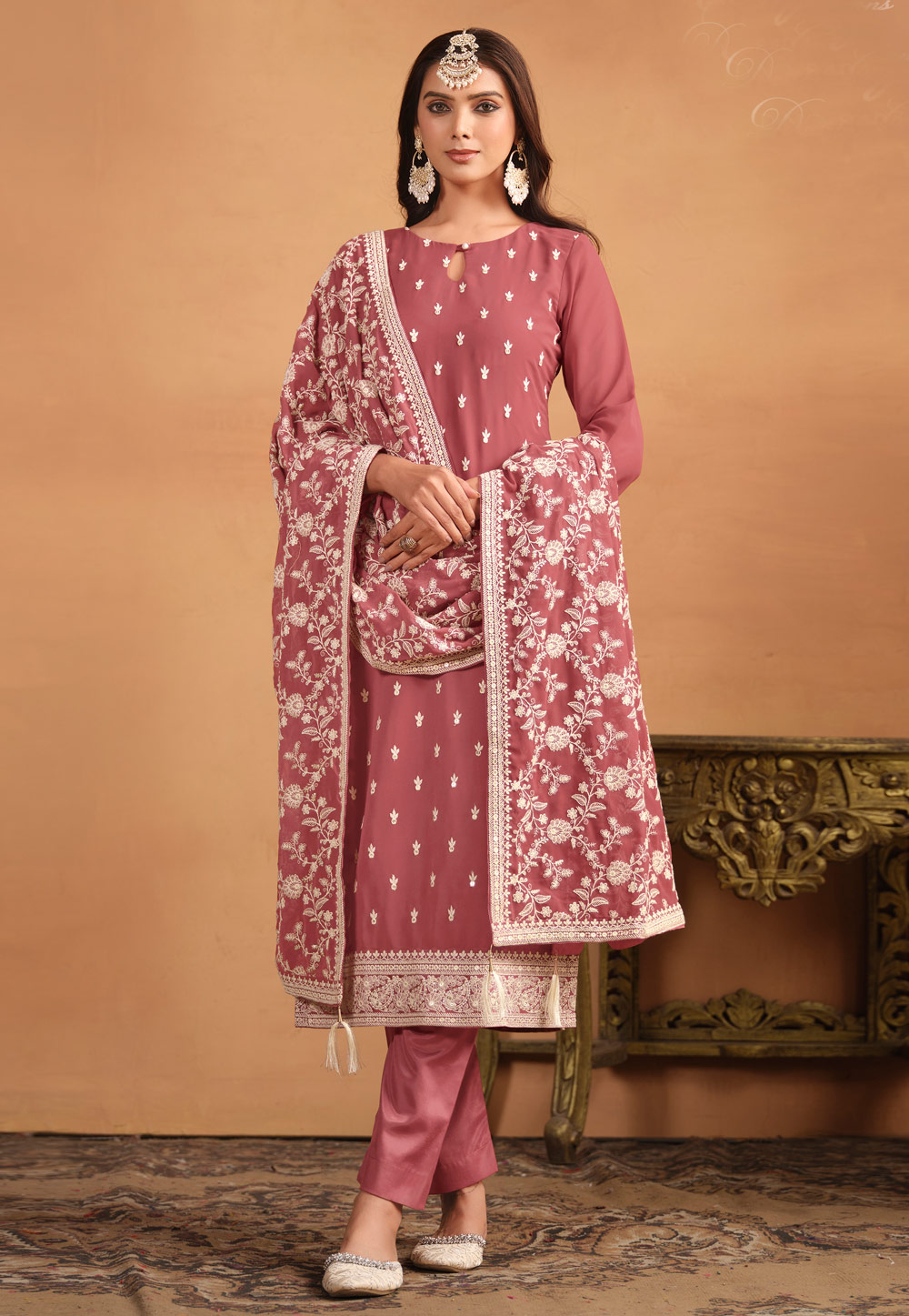 Pink Faux Georgette Pant Style Suit 284572