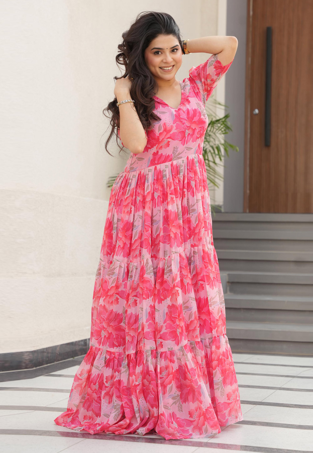 Pink Faux Georgette Printed Gown 308527