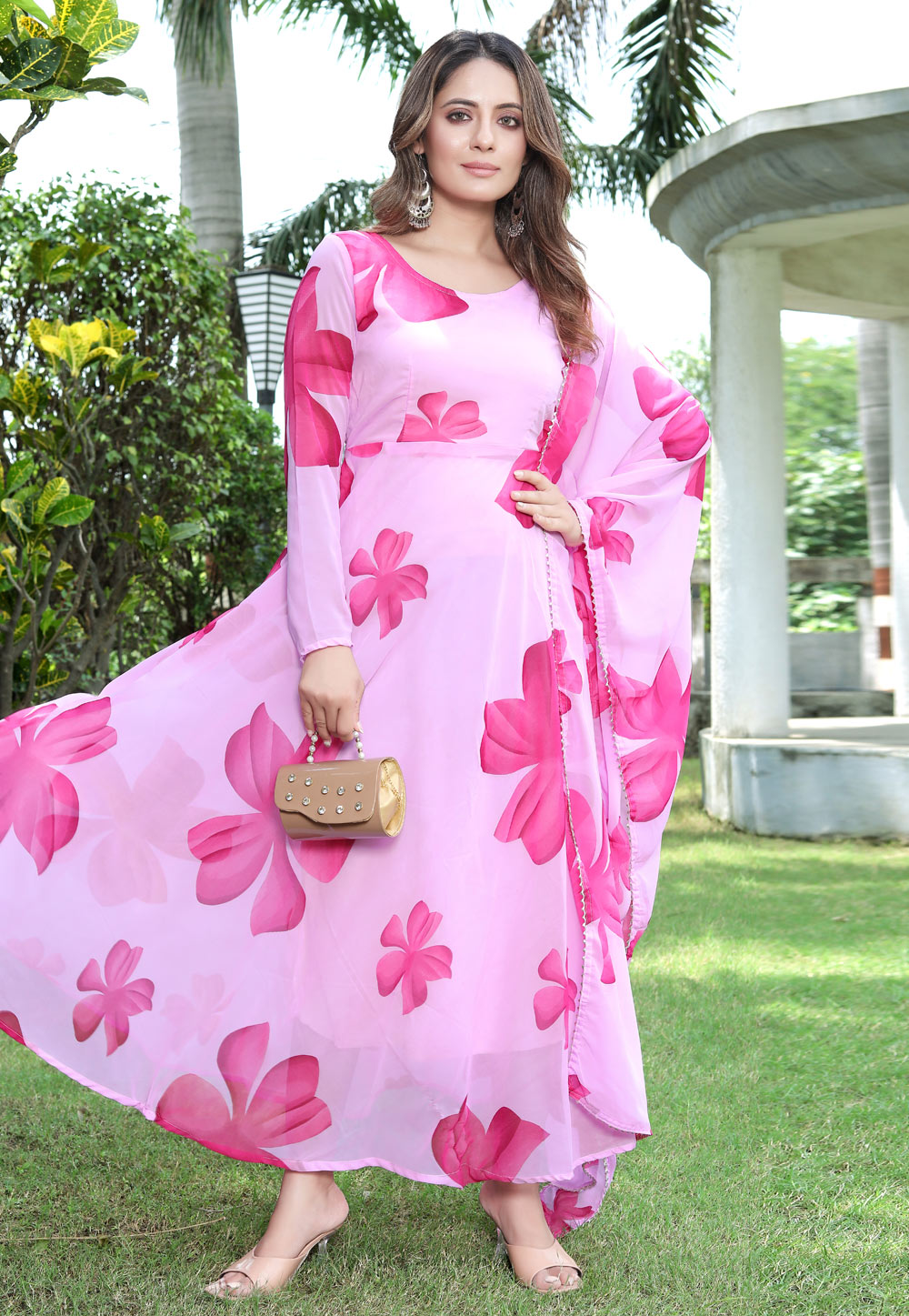 Pink Faux Georgette Printed Gown 284356
