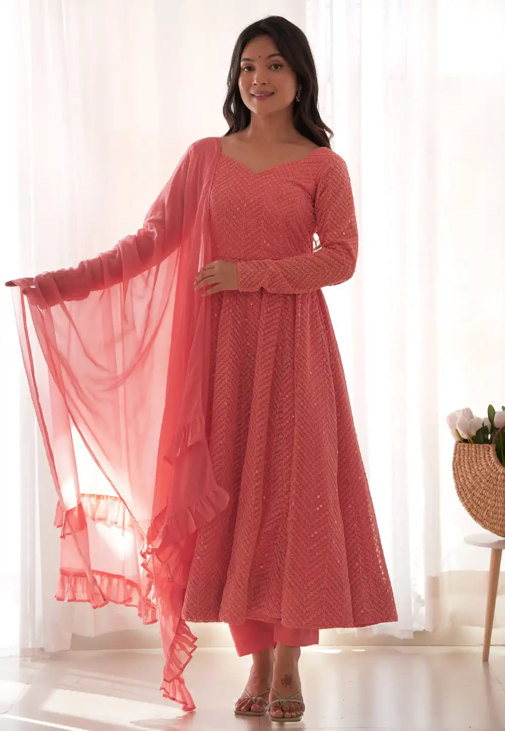 Pink Faux Georgette Readymade Anarkali Suit 314219