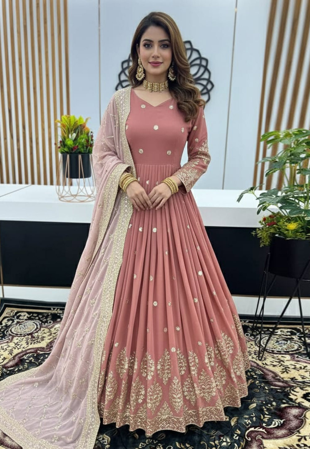 Pink Faux Georgette Readymade Anarkali Suit 322221