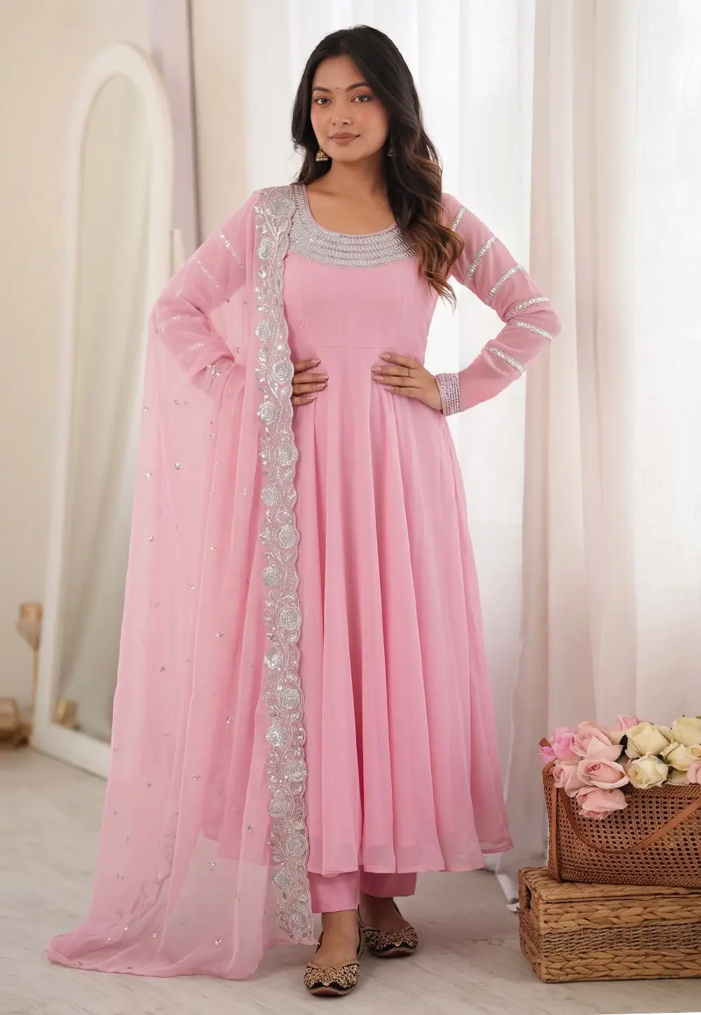 Pink Faux Georgette Readymade Anarkali Suit 334876