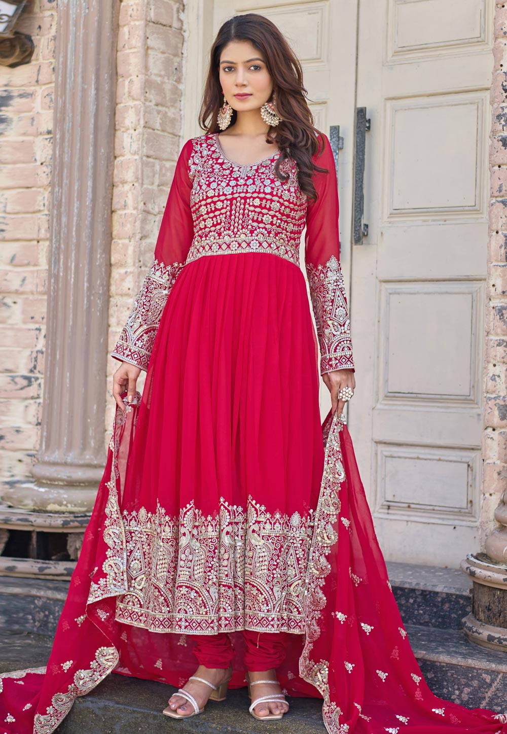 Pink Faux Georgette Readymade Churidar Suit 318939