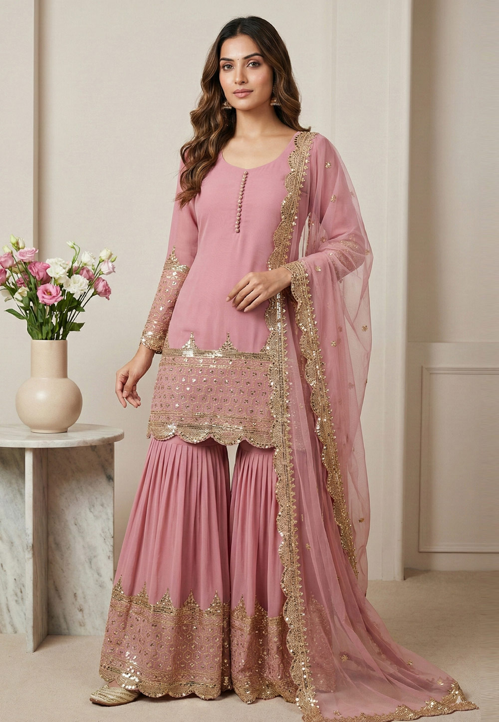 Pink Faux Georgette Readymade Gharara Suit 323985