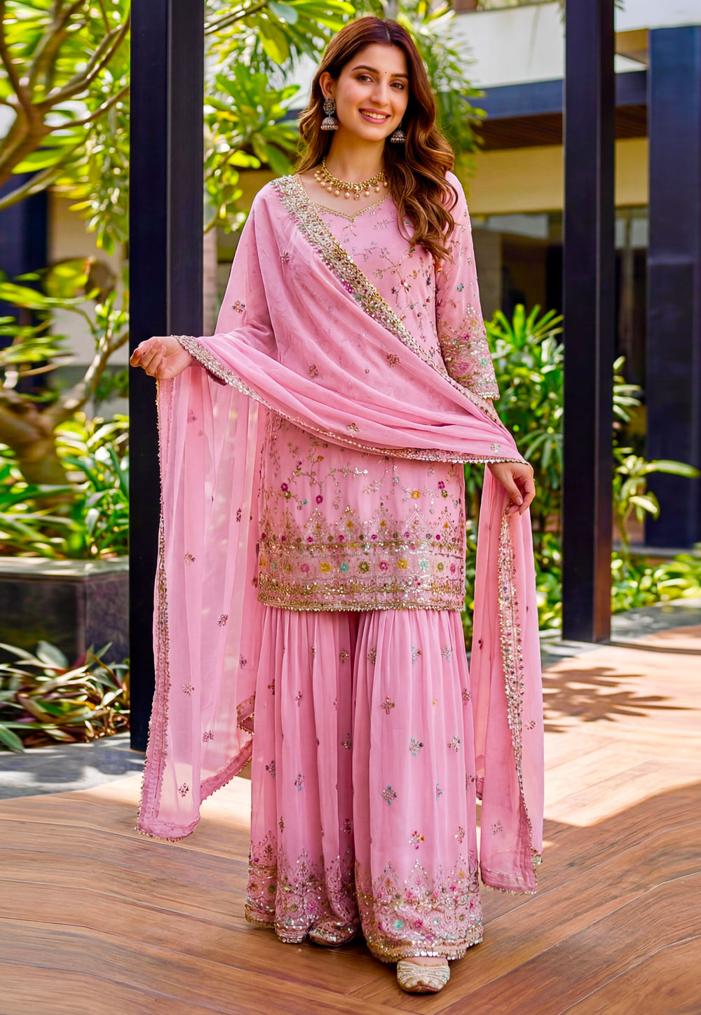 Pink Faux Georgette Readymade Gharara Suit 326490
