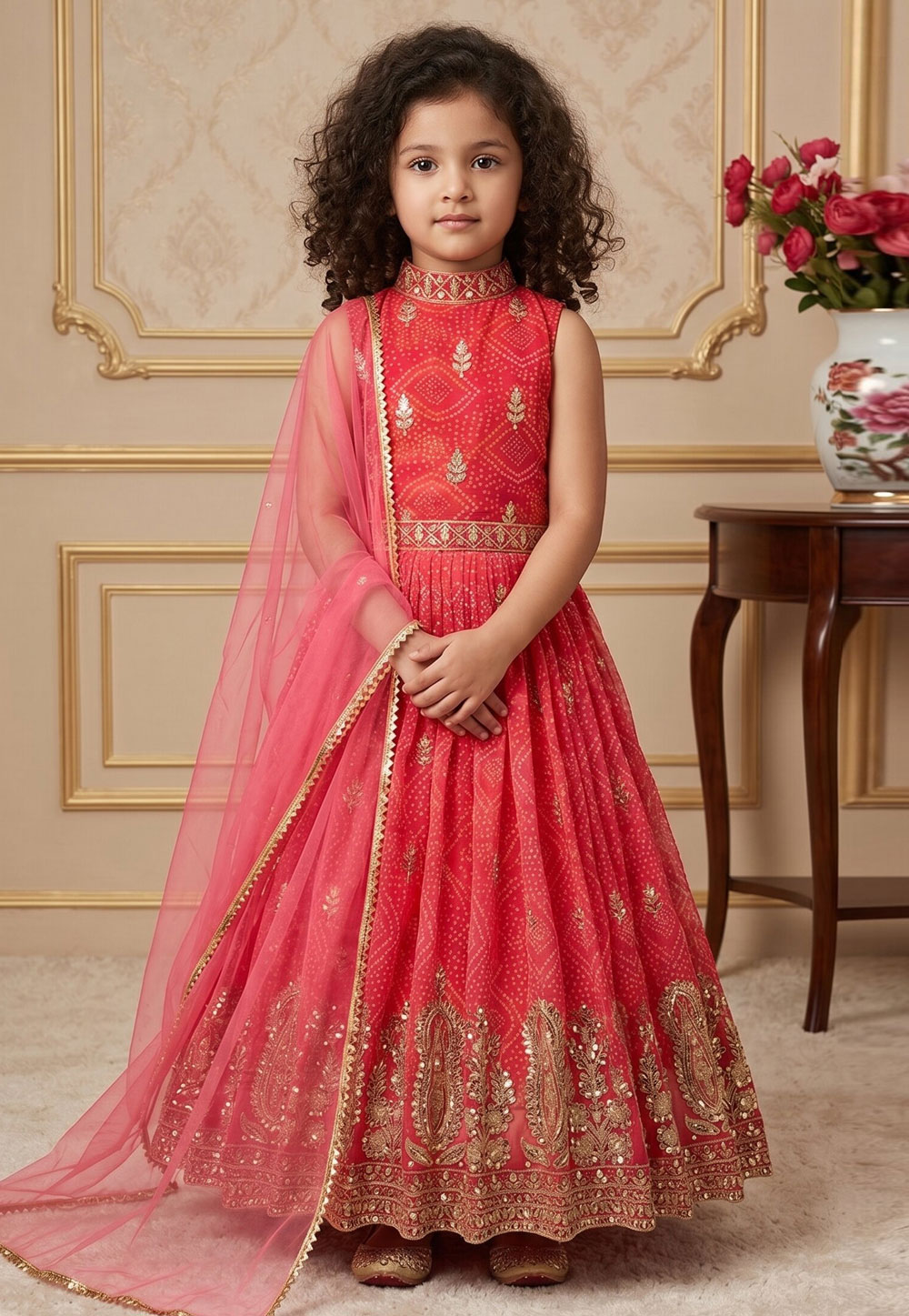 Pink Faux Georgette Readymade Kids Gown 329935