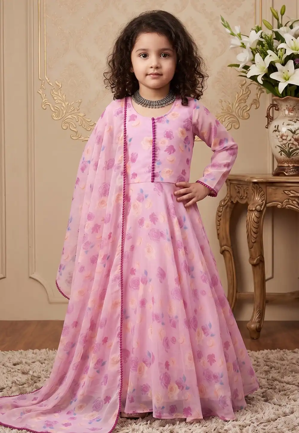 Pink Faux Georgette Readymade Kids Gown 329936