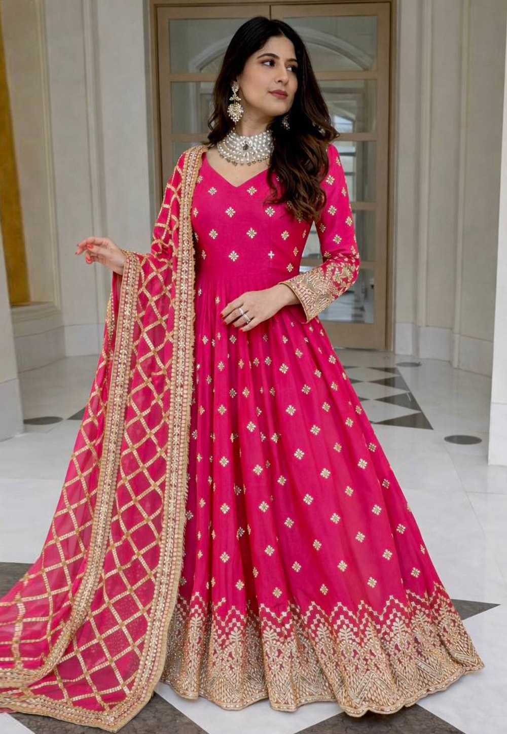Pink Faux Georgette Readymade Long Anarkali Suit 324211