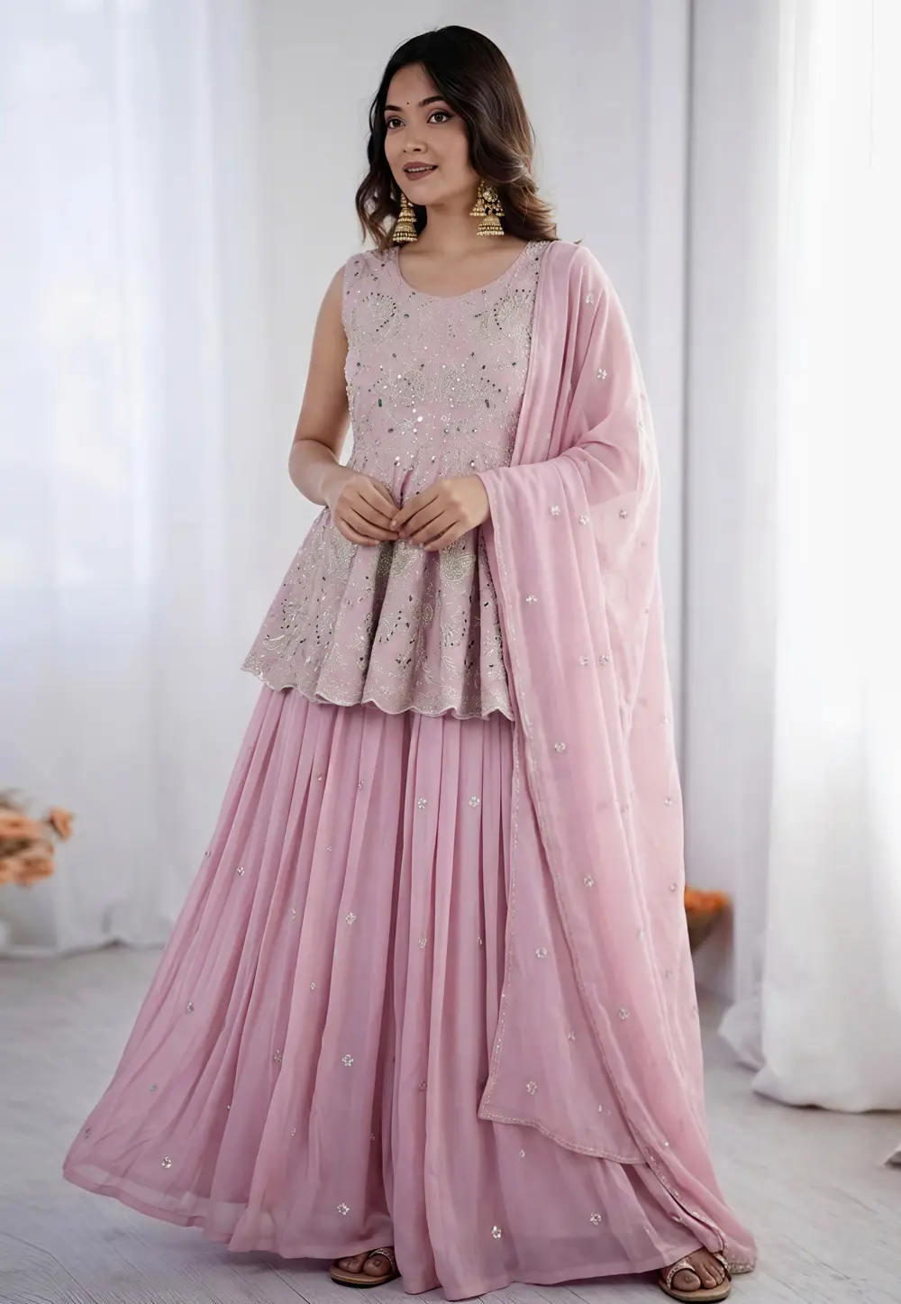 Pink Faux Georgette Readymade Long Choli Lehenga 334072
