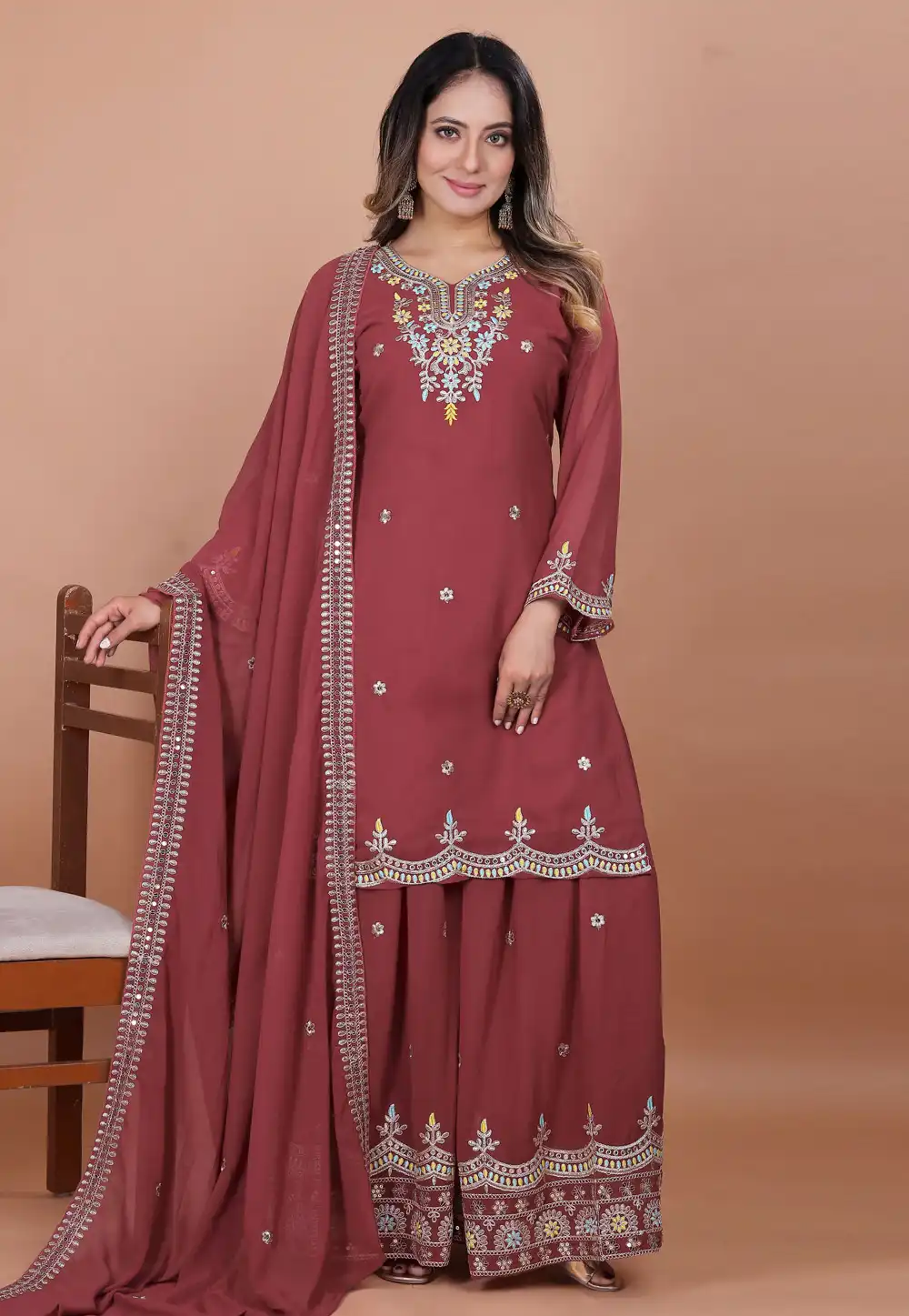 Pink Faux Georgette Readymade Palazzo Suit 316281