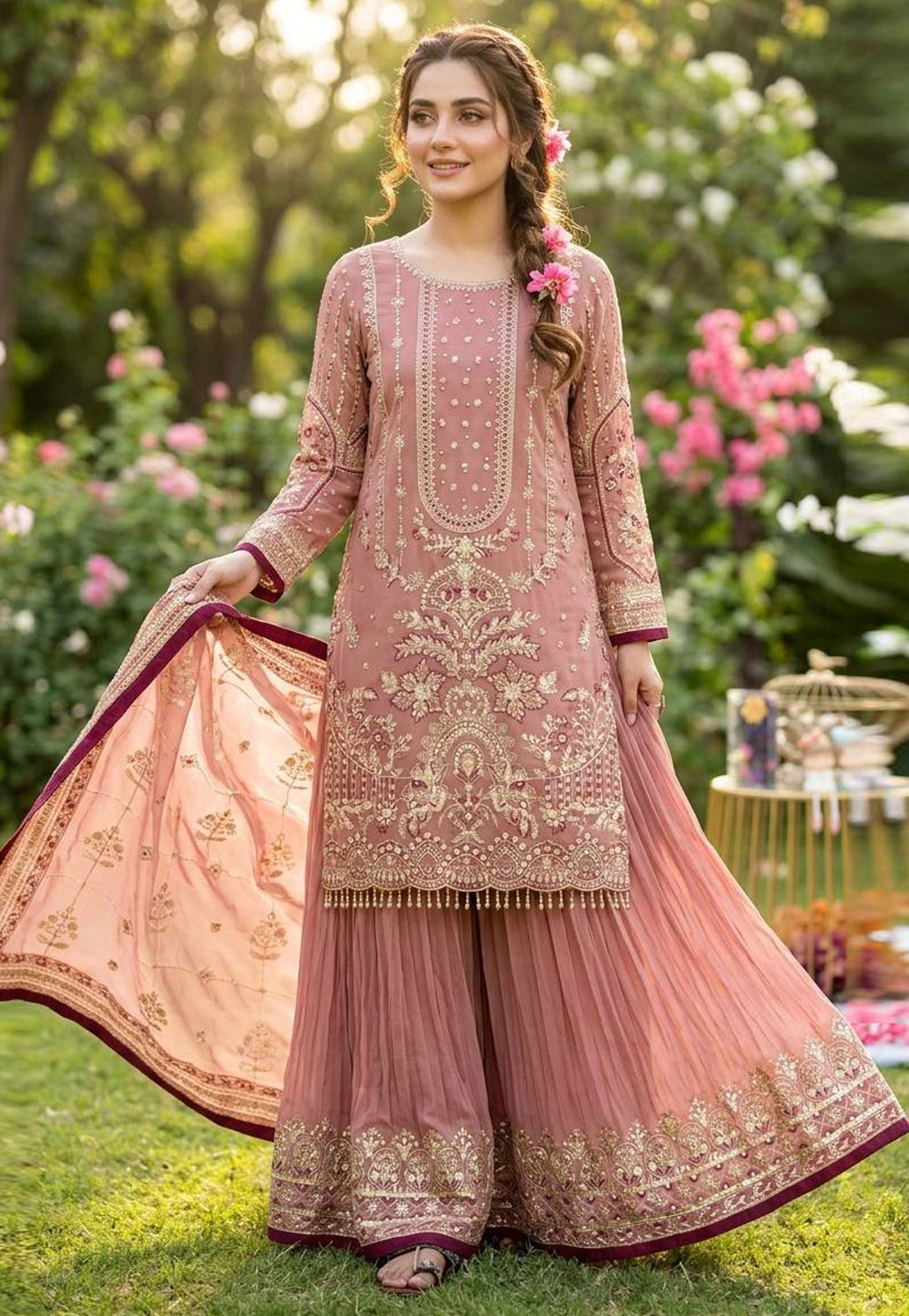 Pink Faux Georgette Readymade Palazzo Suit 328958