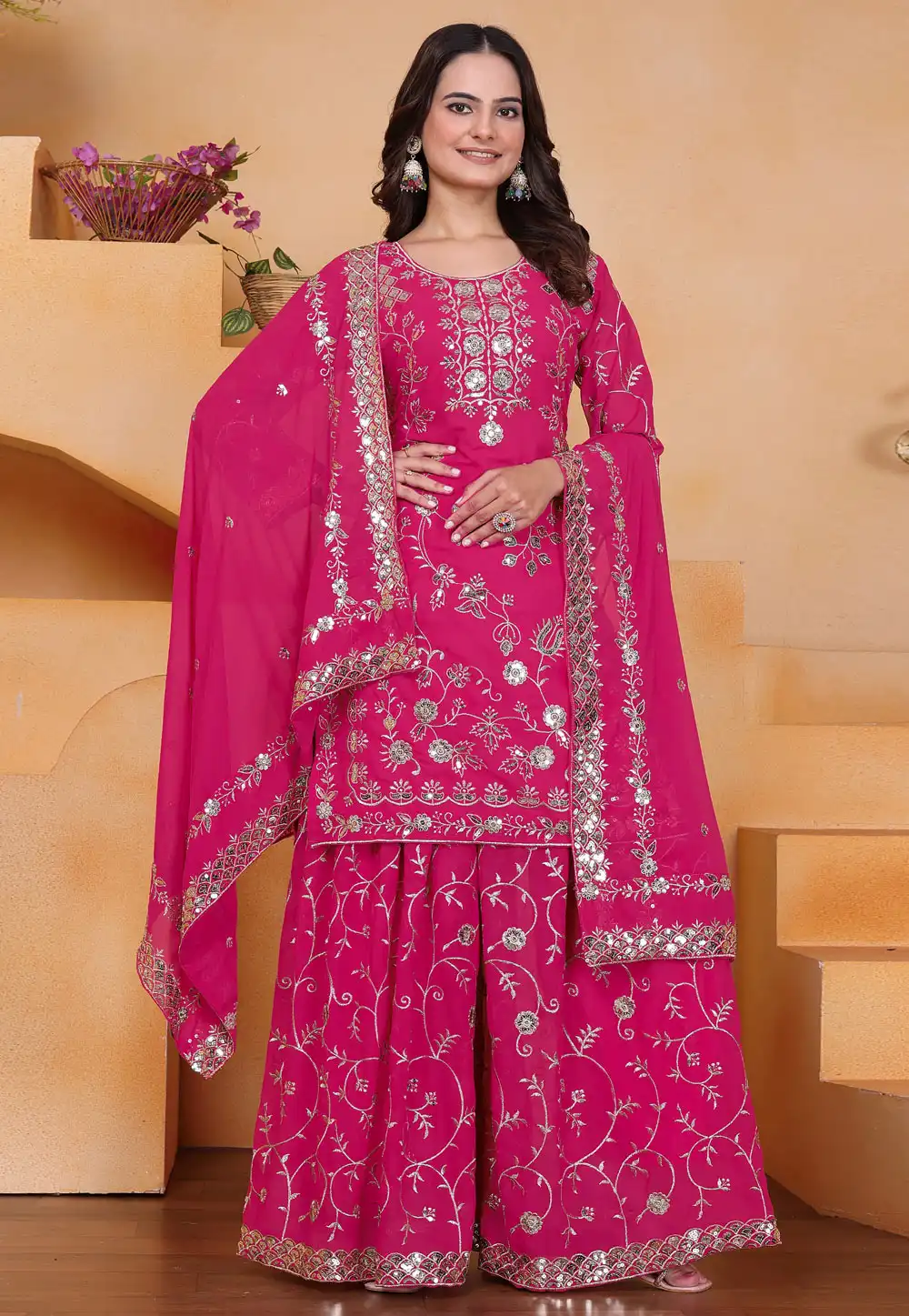 Pink Faux Georgette Readymade Palazzo Suit 324445