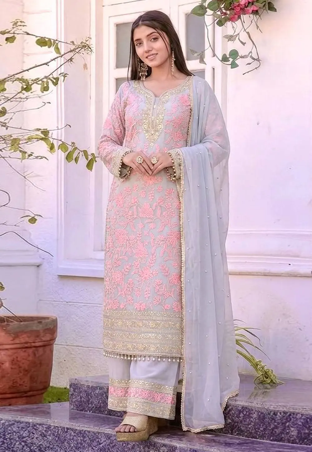 Pink Faux Georgette Readymade Palazzo Suit 331905