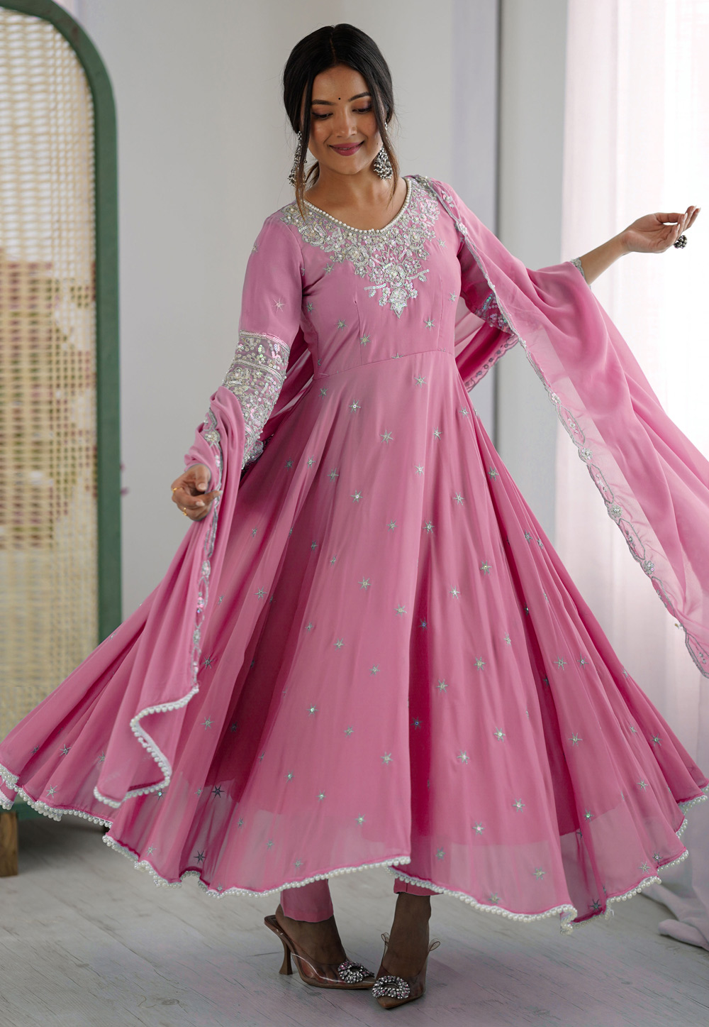 Pink Faux Georgette Readymade Pant Style Suit 320244