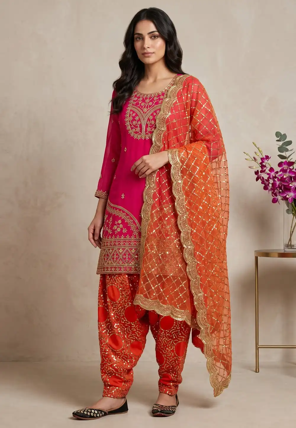 Pink Faux Georgette Readymade Patiala Suit 330685