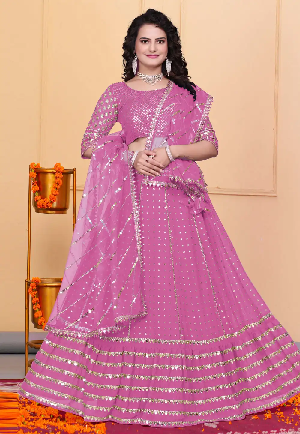 Pink Georgette A Line Lehenga Choli 308825