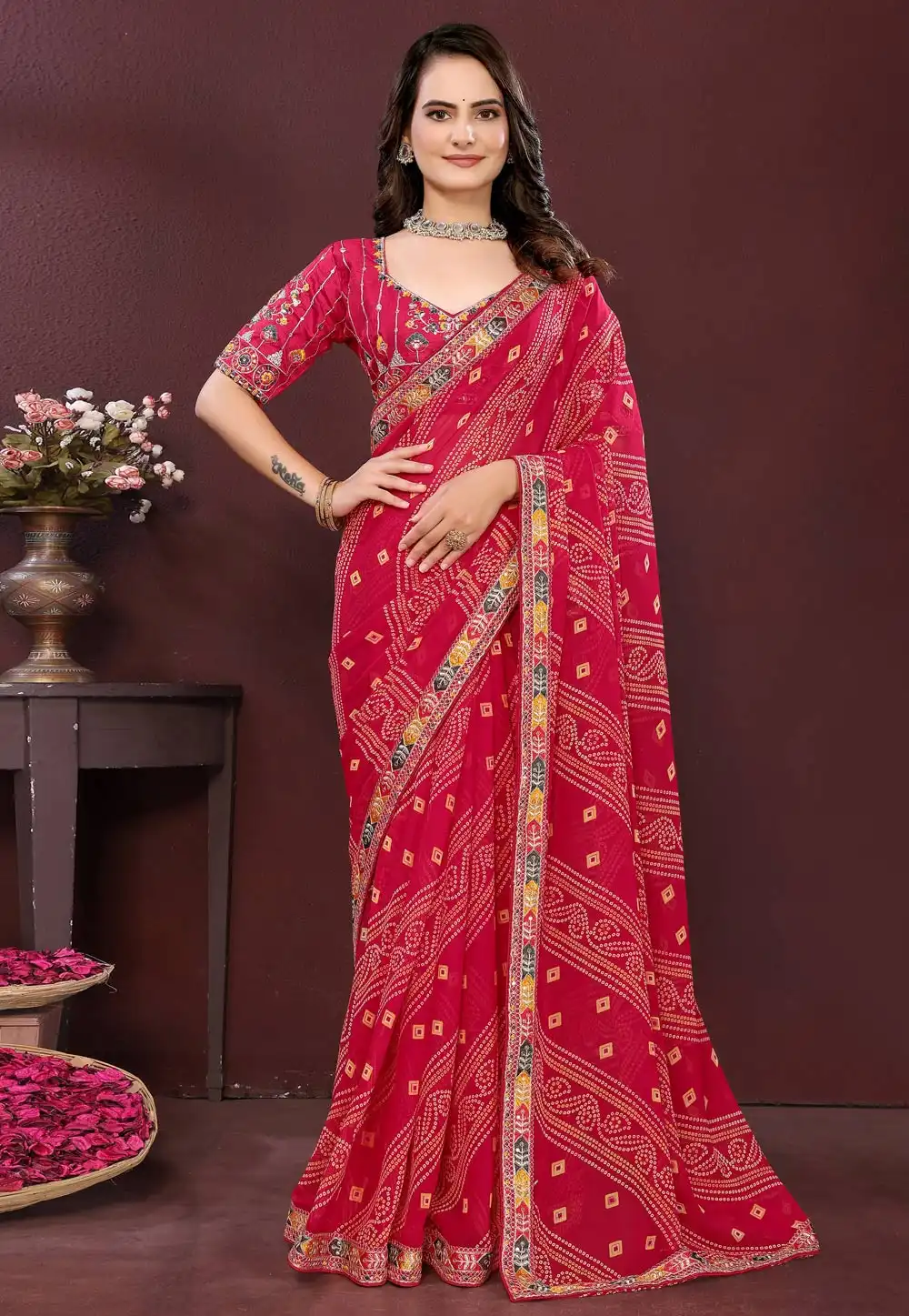 Pink Georgette Bandhani Print Saree 316899