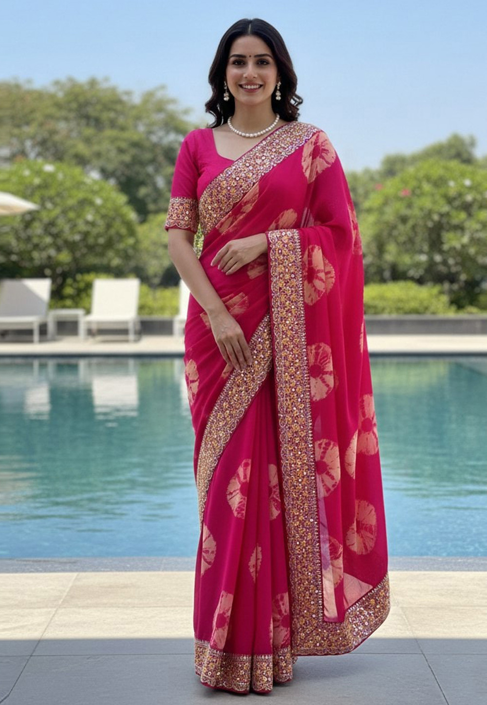 Pink Georgette Bandhani Print Saree 321486