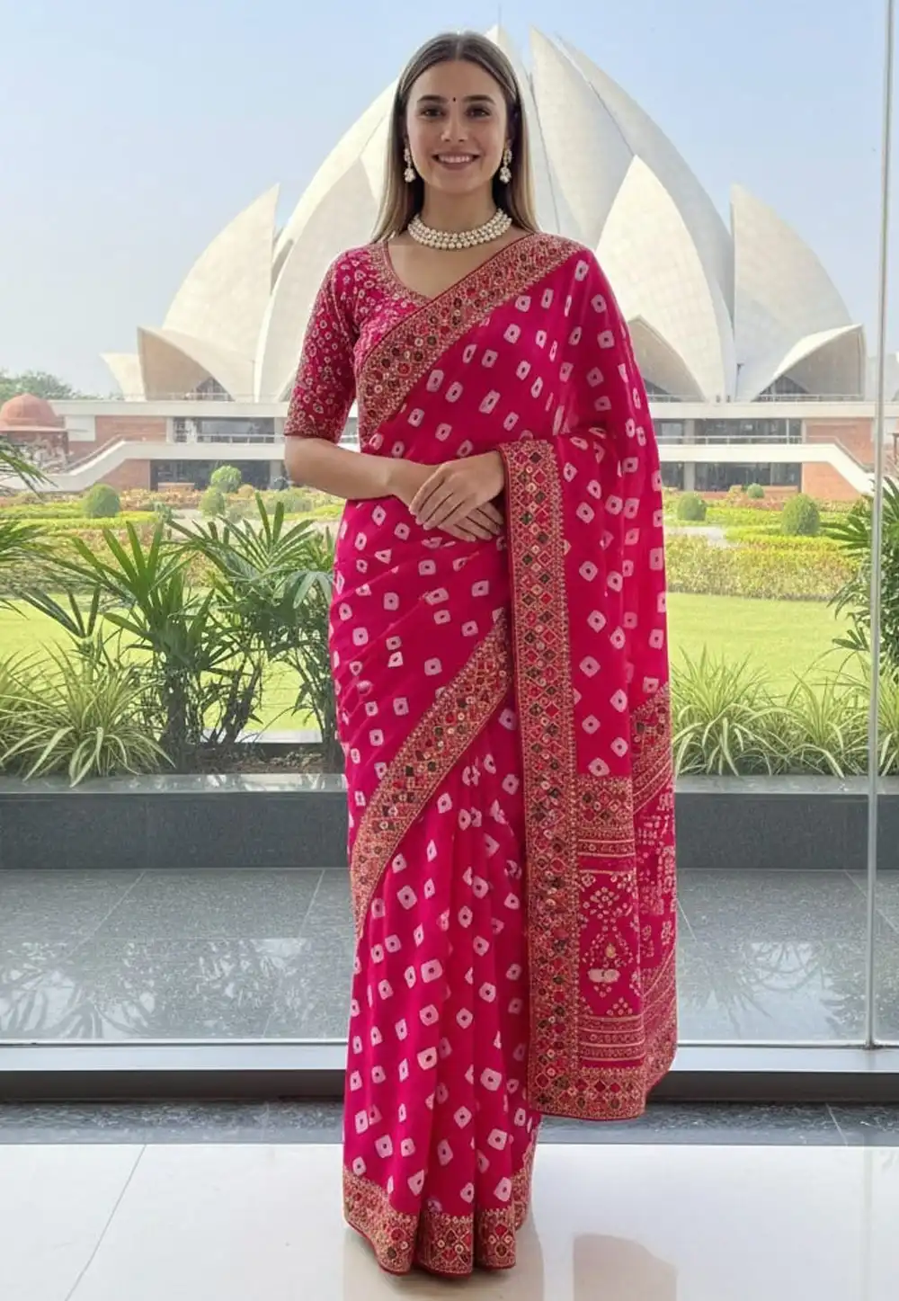 Pink Georgette Bandhani Print Saree 321662