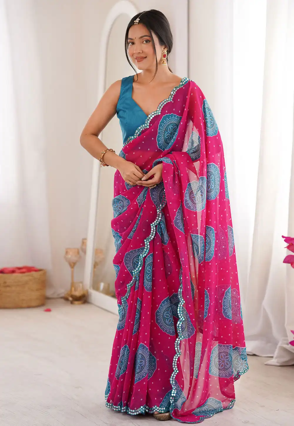 Pink Georgette Bandhani Print Saree 328037