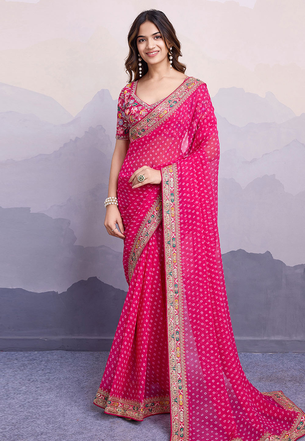 Pink Georgette Bandhani Print Saree 312684
