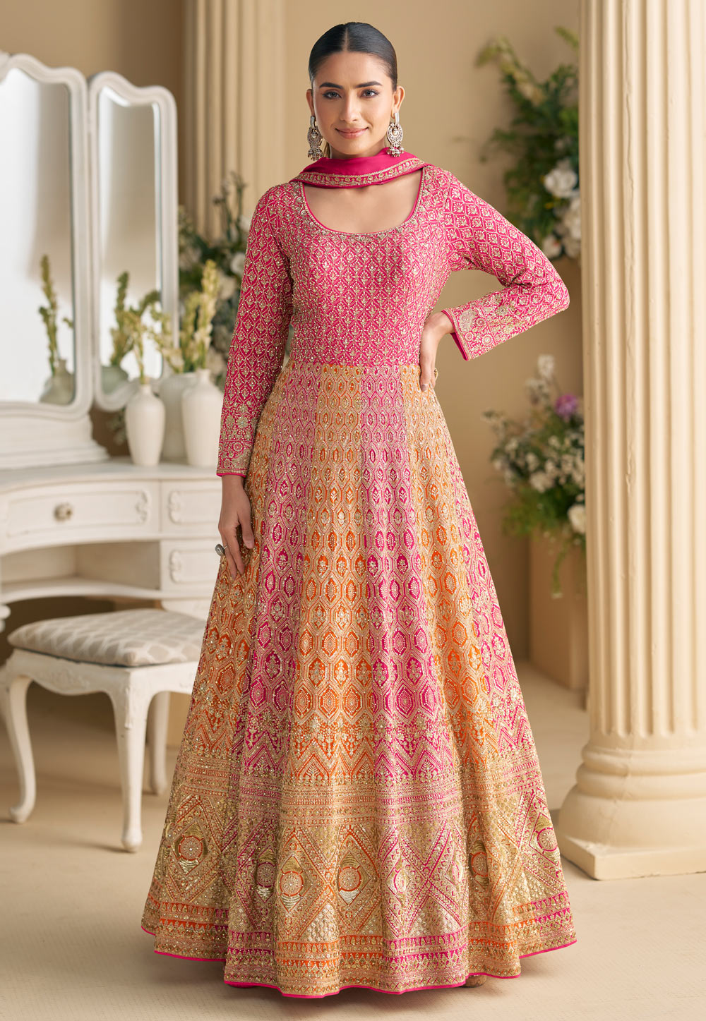 Pink Georgette Embroidered Long Anarkali Suit 318060