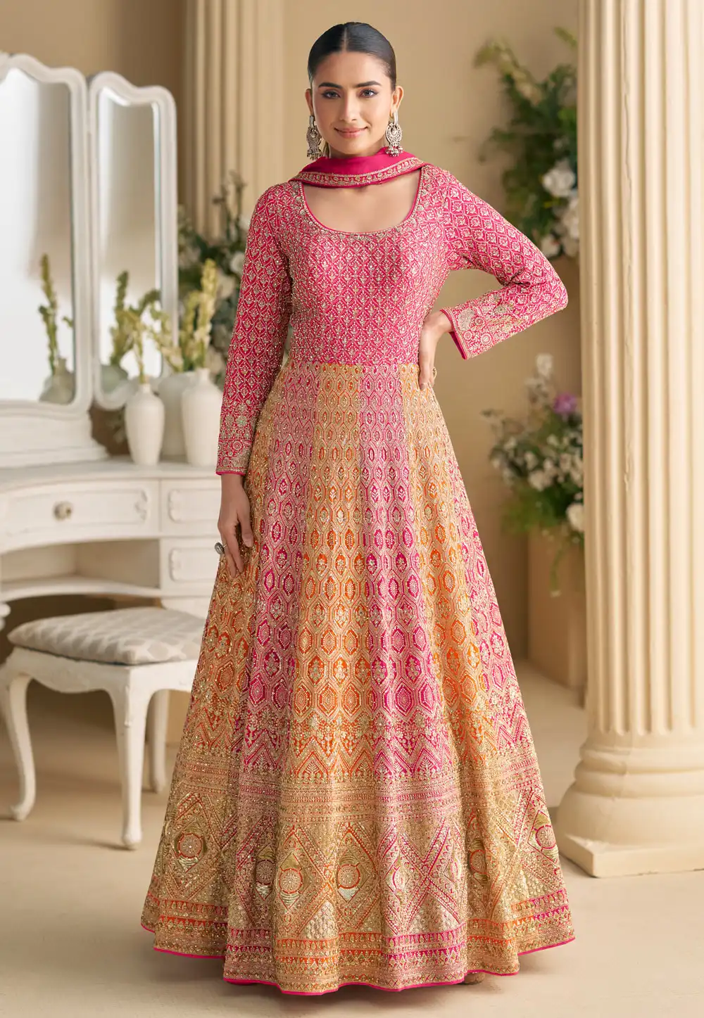 Pink Georgette Embroidered Long Anarkali Suit 318060