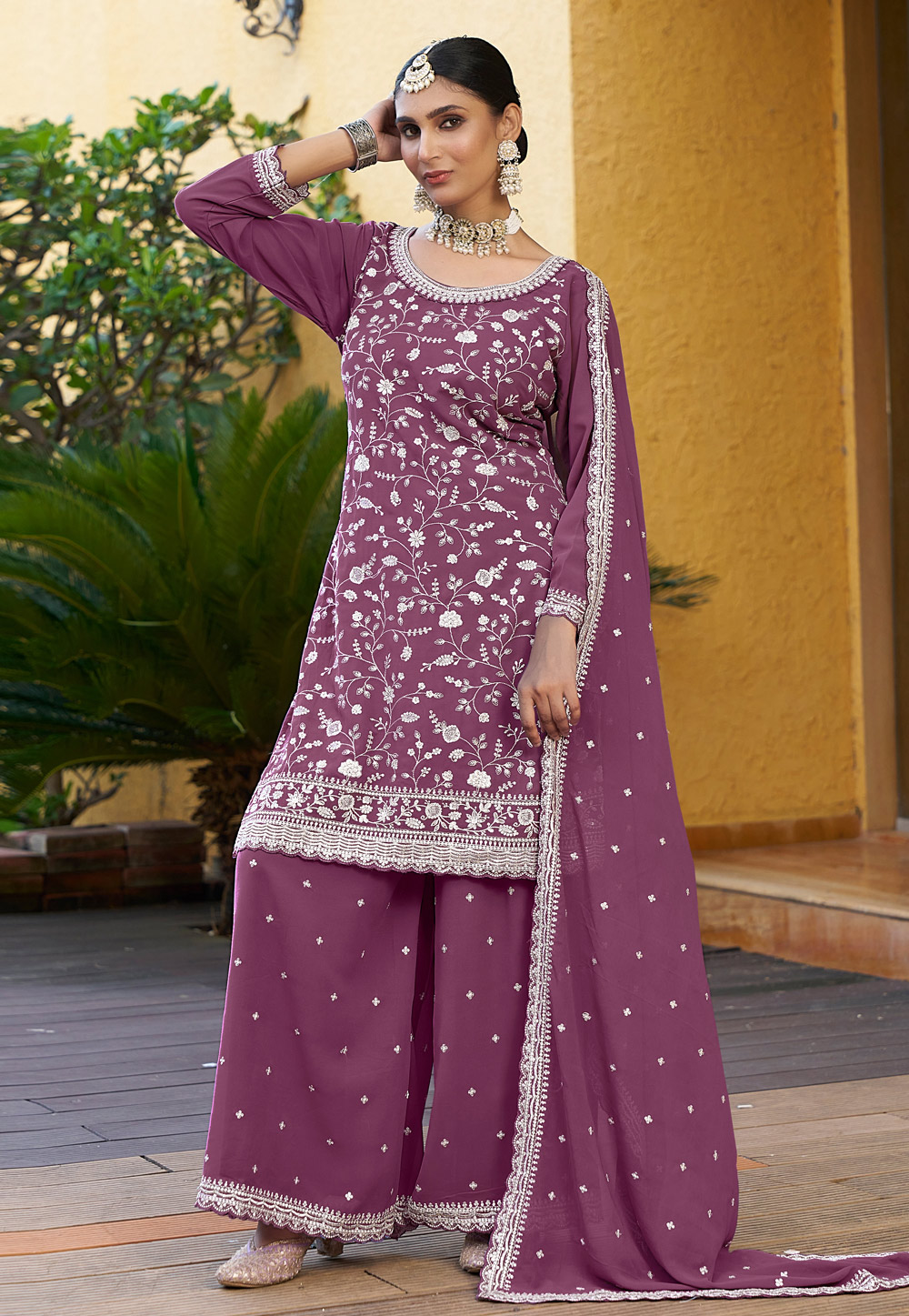Pink Georgette Embroidered Palazzo Suit 306668