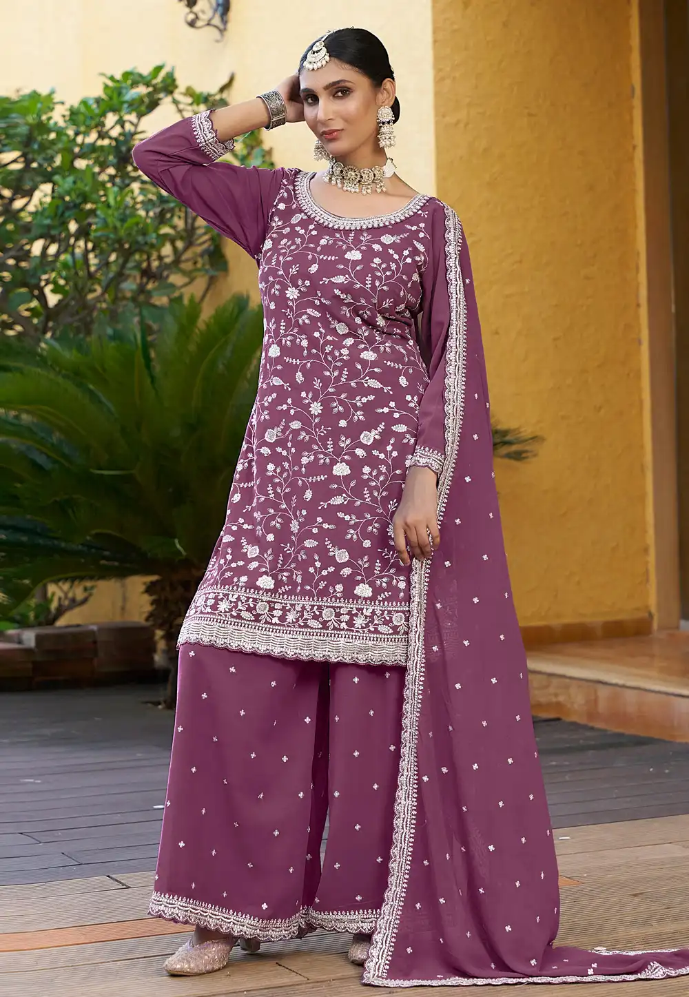 Pink Georgette Embroidered Palazzo Suit 306668