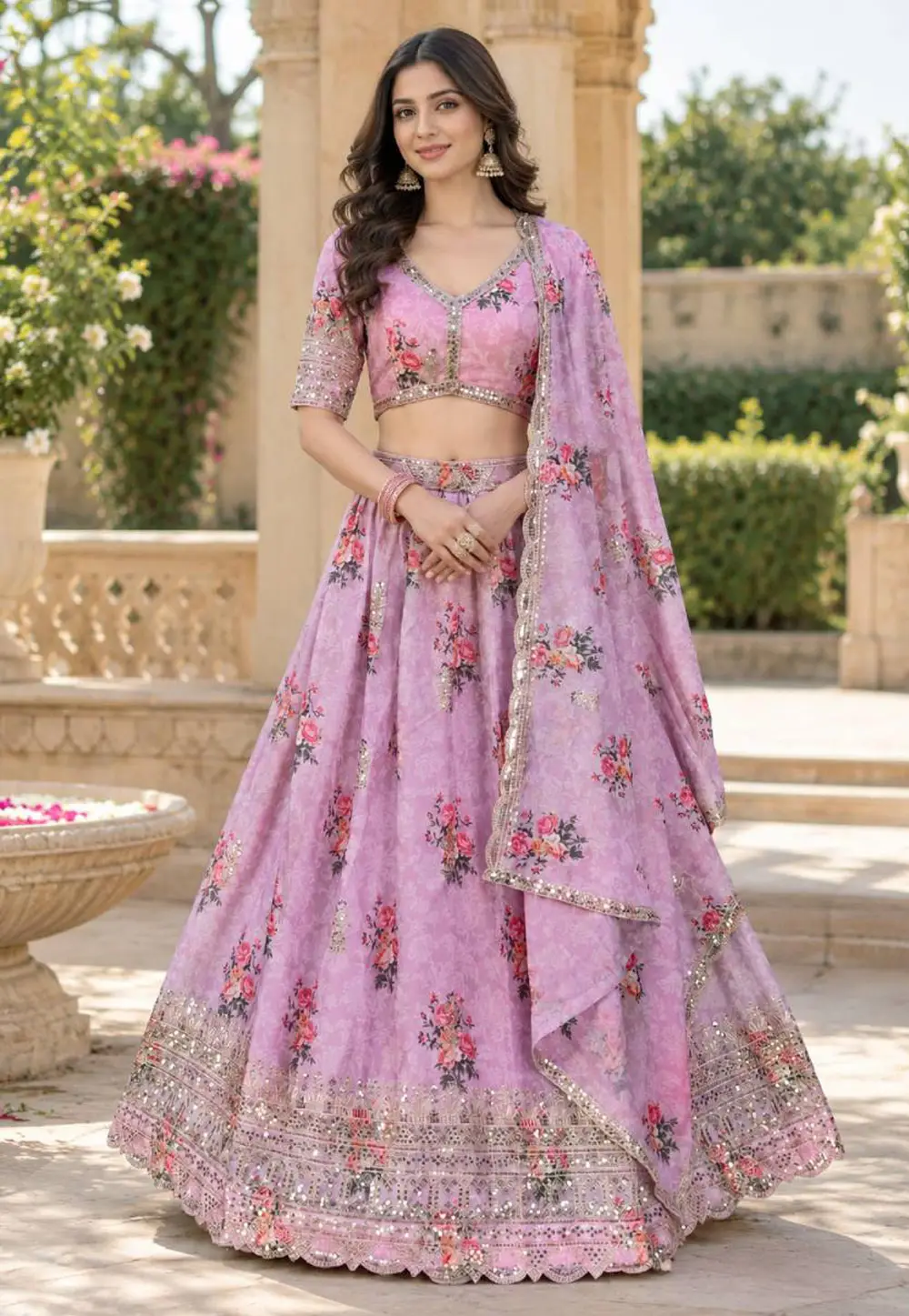 Pink Georgette Floral print Lehenga choli 335830