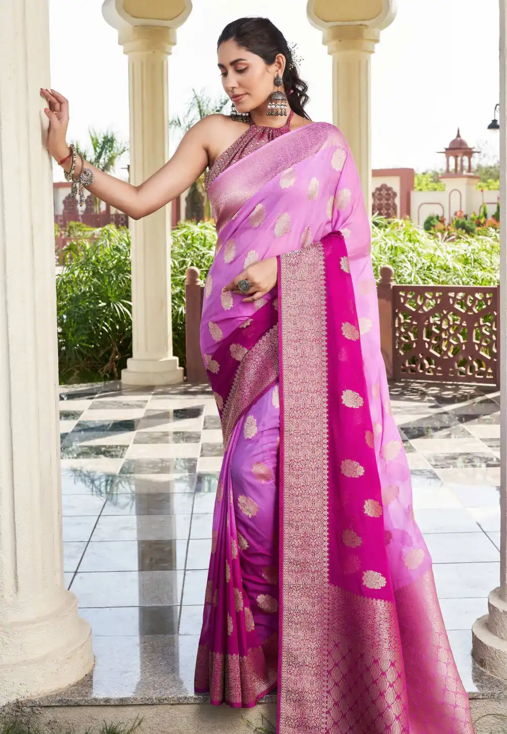 Pink Georgette Half N Half Saree 322647