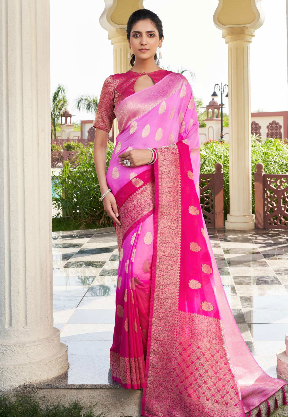 Pink Georgette Half N Half Saree 322649