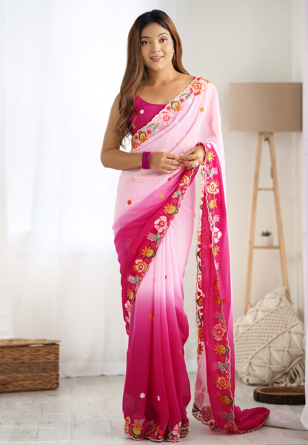 Pink Georgette Half N Half Saree 308208