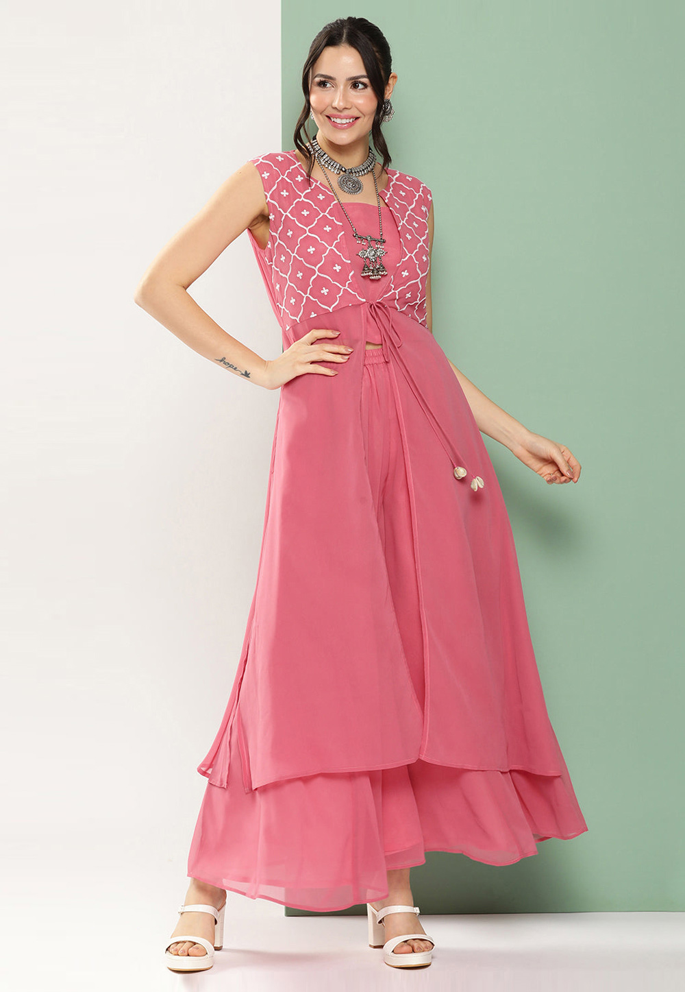 Pink Georgette Kurta Set With Jacket 281417