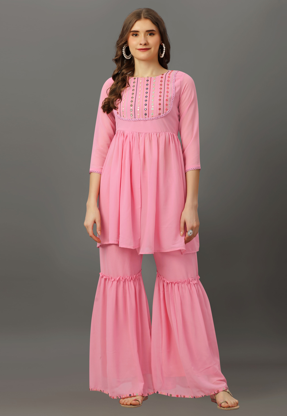 Pink Georgette Kurta Set With Sharara 279929