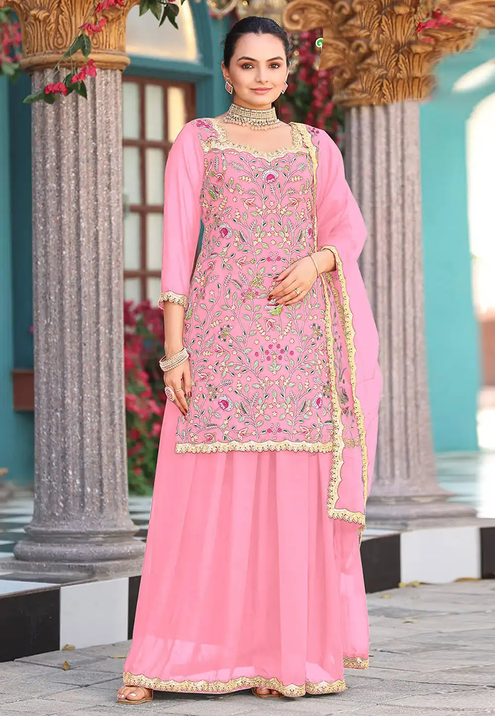 Pink Georgette Palazzo Suit 317642