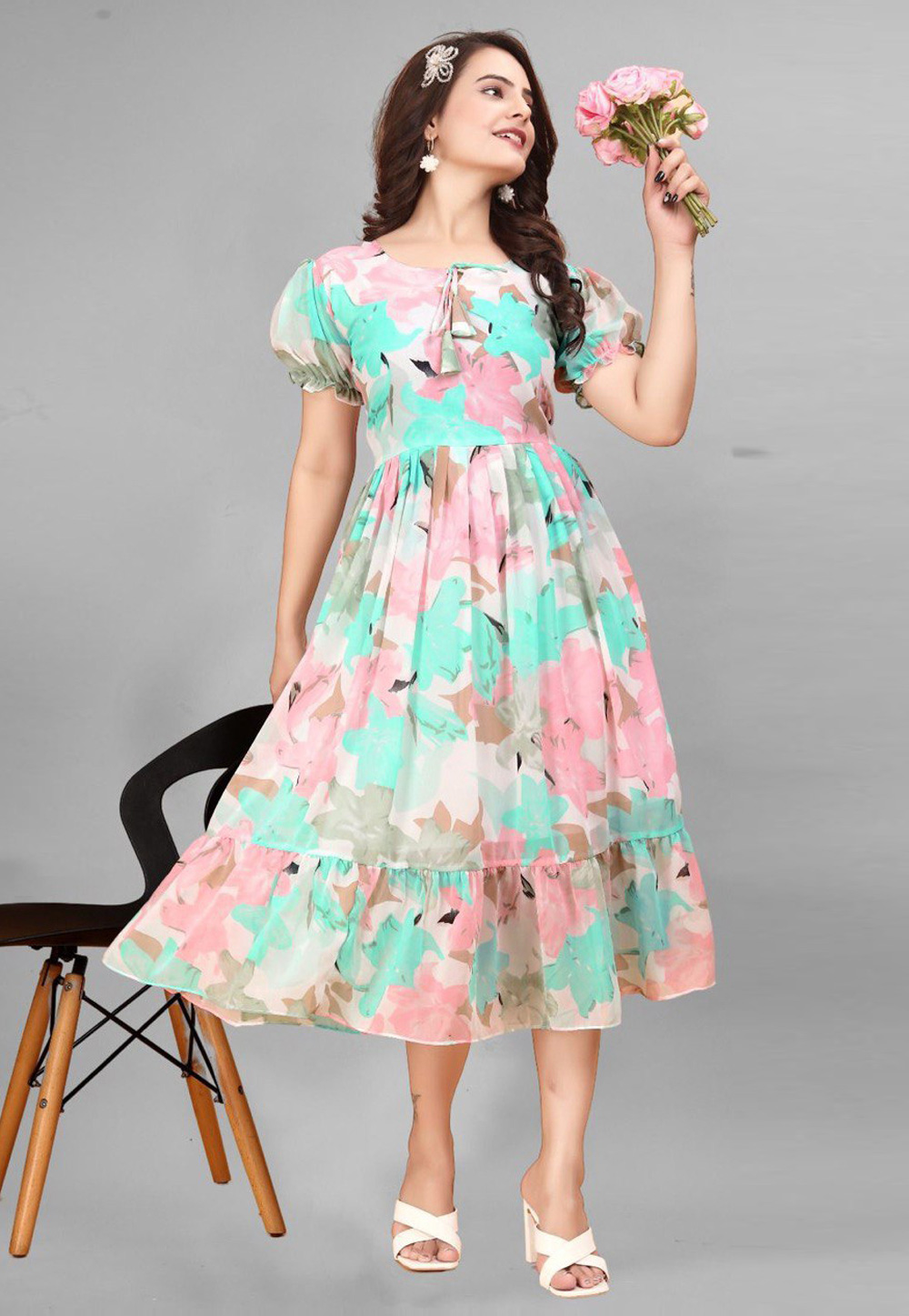 Pink Georgette Printed Gown 285725