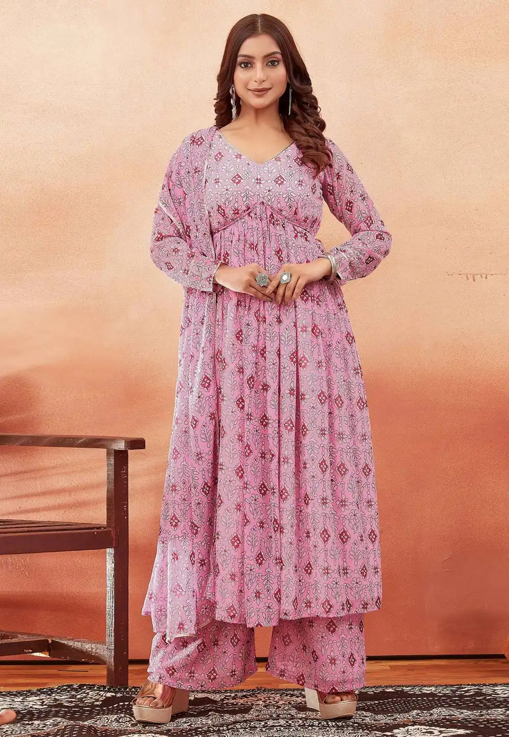 Pink Georgette Readymade Anarkali Suit 328597