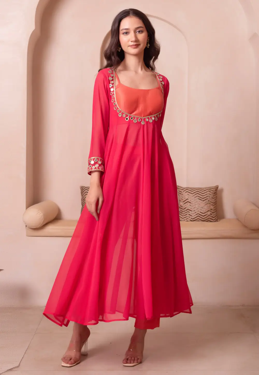 Pink Georgette Readymade Anarkali Suit 334891